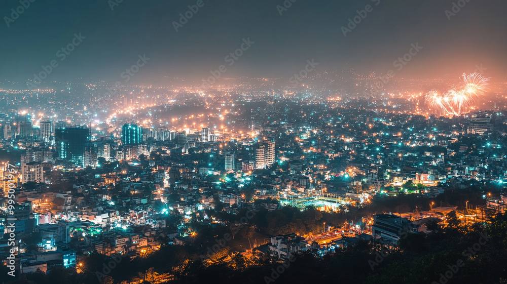 Obraz premium Vibrant city skyline at night with shimmering lights and fireworks in the distance