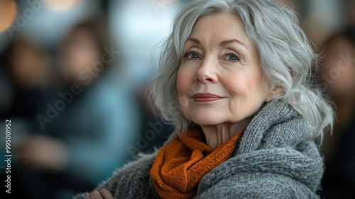 A smiling elderly woman with gray hair in a cozy setting.