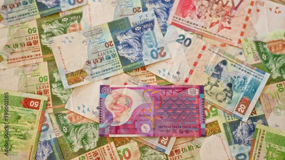 Hong kong dollar banknotes scattered in a colorful pile, showcasing various denominations from hong kong currency in close detail without any people. Hong kong dollar banknotes scattered in a colorful pile, showcasing various denominations from hong kong currency in close detail without any people.