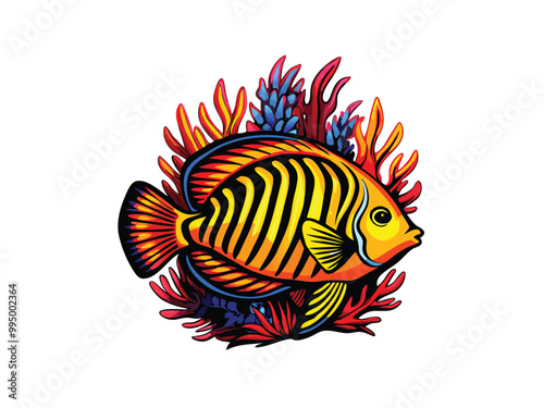 Vibrant flame angelfish swimming gracefully through coral reef.