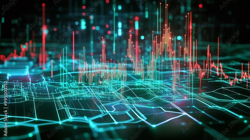 Fototapeta premium Abstract digital data visualization with vibrant graphs and lines representing fluctuating information on a futuristic background.