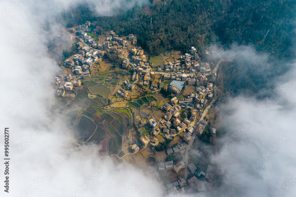 Fototapeta premium Aerial photography of ancient villages in eastern Yunnan, China