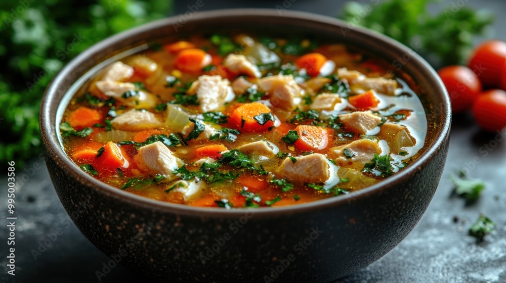 A hearty chicken soup with vegetables in a dark bowl. A hearty chicken soup with vegetables in a dark bowl.