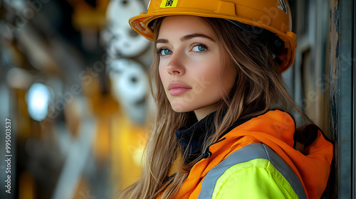 Construction Worker Woman Wearing Hard Hat and Safety Vest