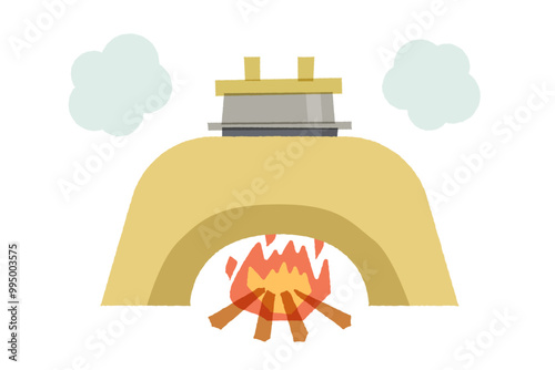 火がついたかまどに置かれた釜から湯気が上がっているイラスト。薪を焼べられた日本式の調理かまど