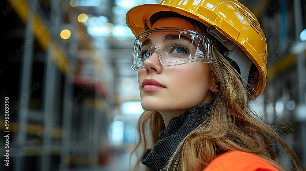 Woman in Yellow Hard Hat & Safety Glasses Looking Up Woman in Yellow Hard Hat & Safety Glasses Looking Up