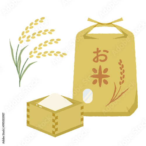 枡に入った生米と米袋のイラスト