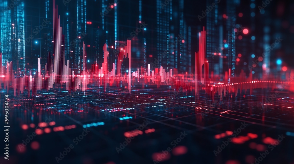 Fototapeta premium Abstract digital data visualization with vibrant red and blue hues, representing sound waves and frequencies in a futuristic style.