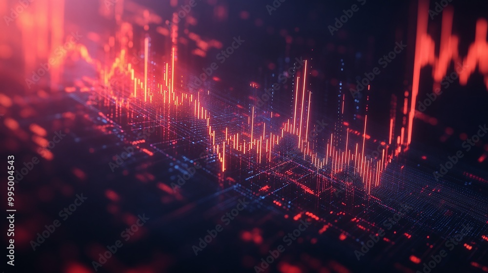 Abstract digital data visualizations with glowing red and blue lines against a dark background, representing data analysis. Abstract digital data visualizations with glowing red and blue lines against a dark background, representing data analysis.