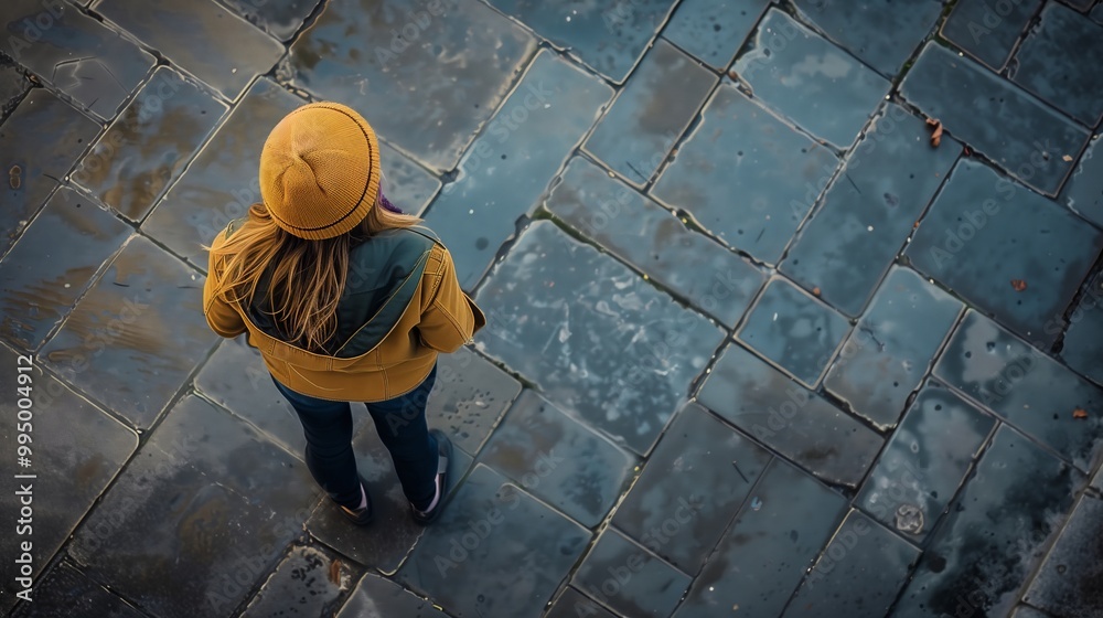 Woman in Yellow Jacket and Beanie Walking on Wet Cobblestone Path Woman in Yellow Jacket and Beanie Walking on Wet Cobblestone Path