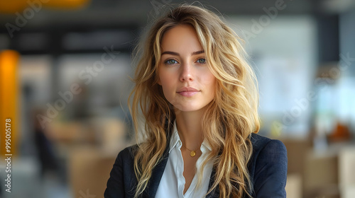 Confident Woman with Blonde Hair Looks Directly at Camera in a Modern Office