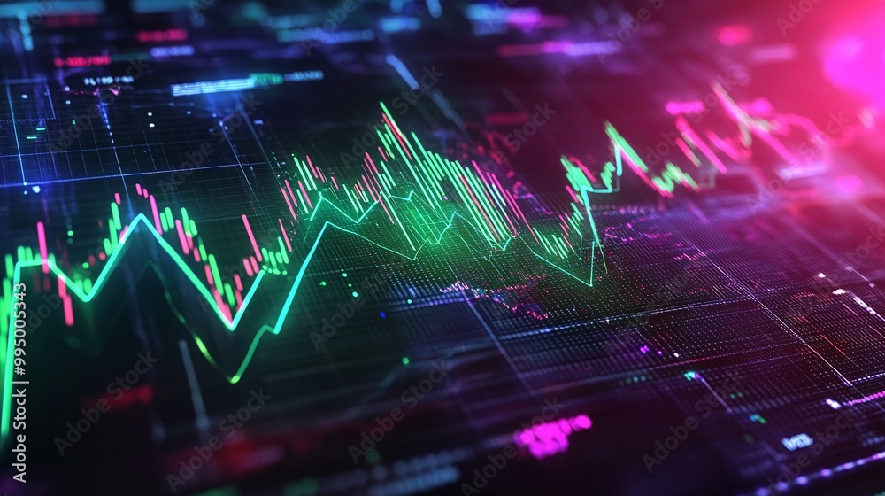 Abstract digital financial chart showing rising trends and data analysis in vibrant neon colors. Abstract digital financial chart showing rising trends and data analysis in vibrant neon colors.