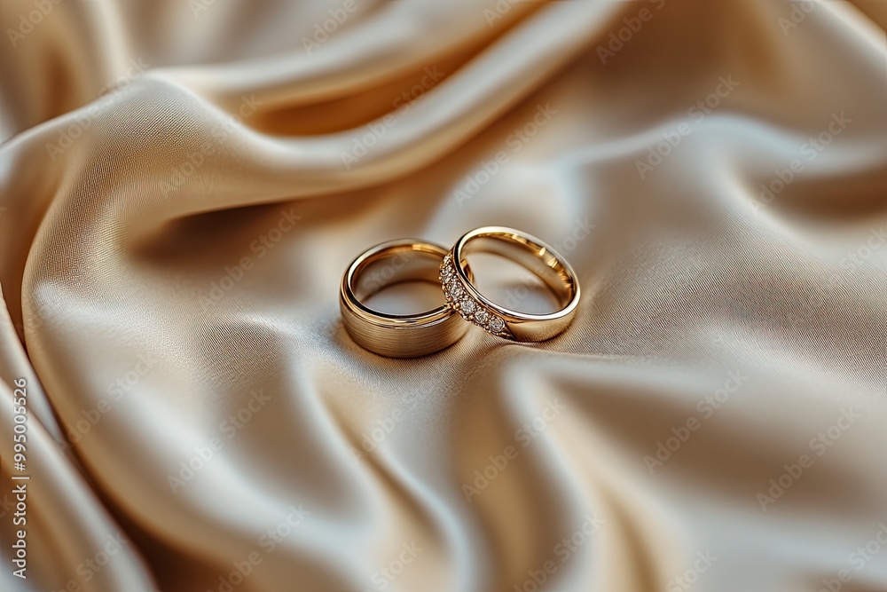 Two gold classic wedding rings lie on a chic satin fabric with soft pleats. wedding background. Layout for the designer and product advertising.generative ai Two gold classic wedding rings lie on a chic satin fabric with soft pleats. wedding background. Layout for the designer and product advertising.generative ai