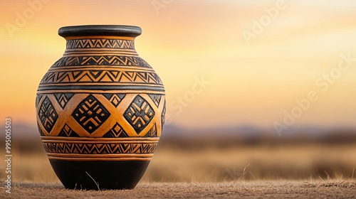 Ancient jar with Zulu shield patterns, standing against a savannah backdrop