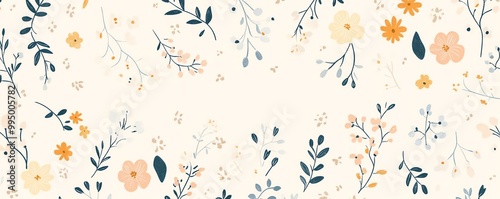 Delicate floral pattern with soft pastel colors, featuring various leaves and flowers on a light background. Ideal for spring designs.