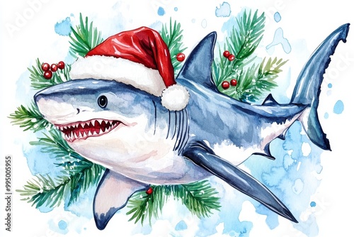 A festive watercolor illustration of a shark wearing a Santa hat and surrounded by pine branches and berries. This whimsical image embodies Christmas cheer, playful humor, and the unexpected. photo