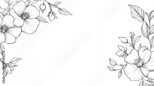 Elegant floral border with hand-drawn flowers and leaves in black and white, perfect for invitations, cards, and wedding designs.