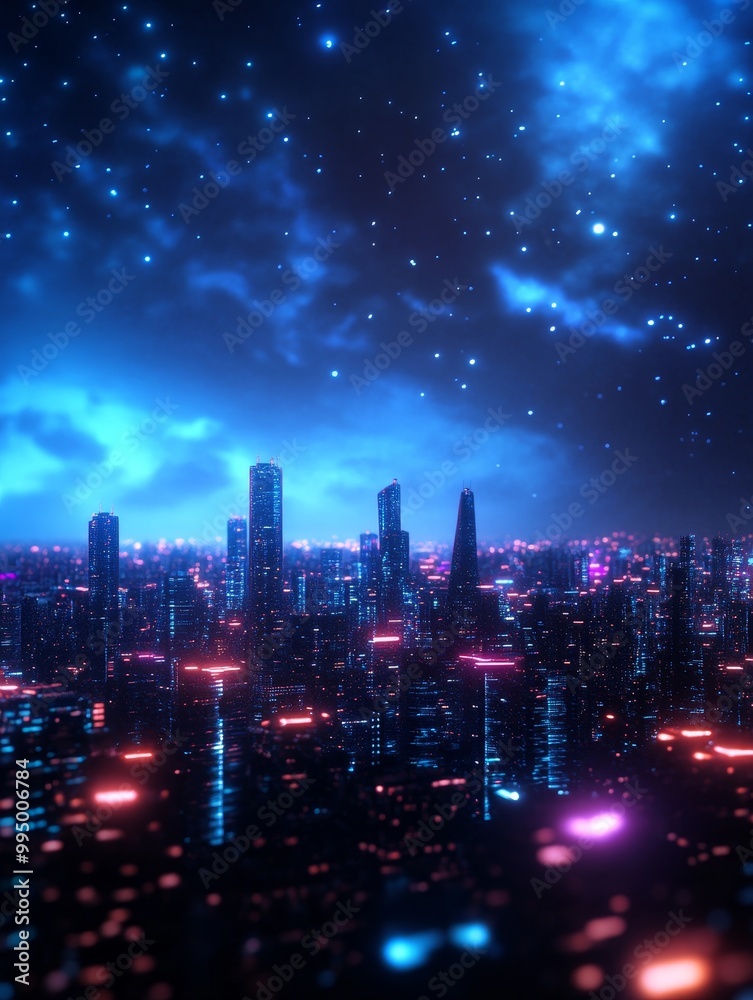 Obraz premium A futuristic cityscape with towering structures illuminated by neon lights under a starry night sky, symbolizing technological advancement, urban development, modern architecture, a sense of wonder, a