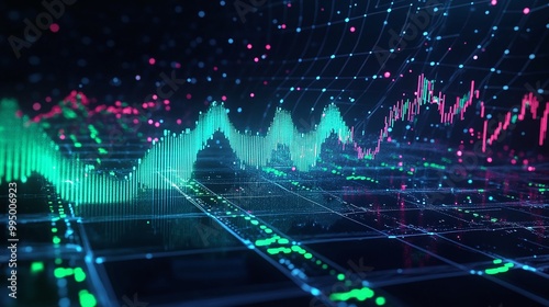 Abstract digital financial data visualization on a dark background.