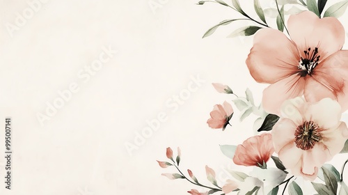 Elegant floral watercolor illustration with soft pink flowers and green leaves on a light background, perfect for invitations and greeting cards.