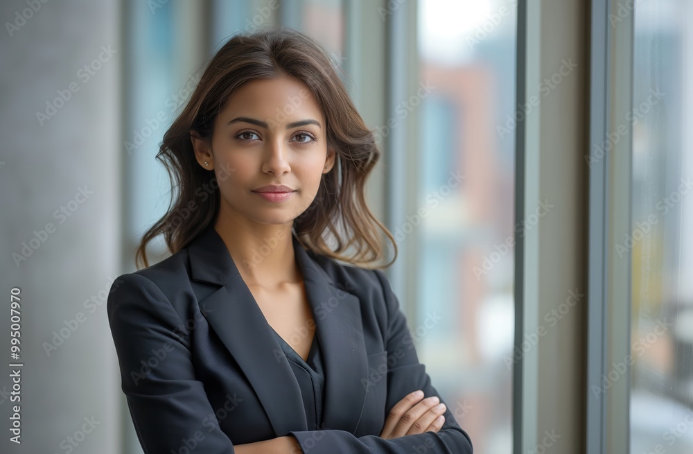 Beautiful Indian businesswoman in a suit standing with arms crossed looking at the camera with a confident smile against a modern office window. Beautiful Indian businesswoman in a suit standing with arms crossed looking at the camera with a confident smile against a modern office window.