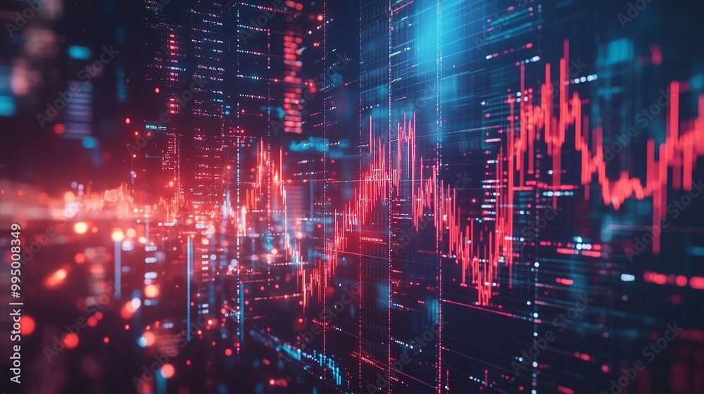 Abstract digital financial data visualization with vibrant graphs on a tech background.