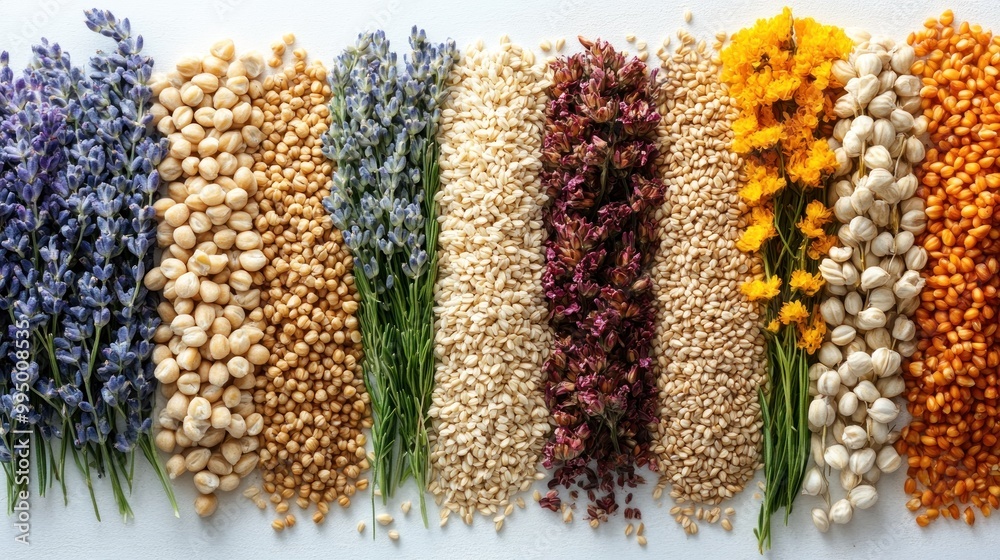 Colorful arrangement of various seeds and dried flowers. Colorful arrangement of various seeds and dried flowers.