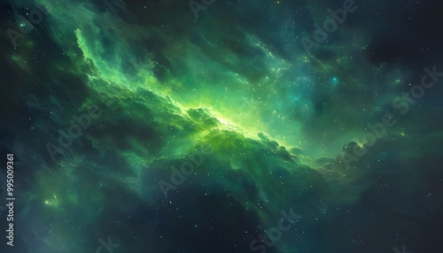 Vibrant Green Nebula Illuminating Deep Space Amidst Twinkling Stars and Dark Cosmic Background