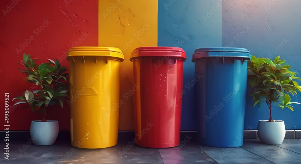 Three Recycling Bins in Front of a Colorful Wall Three Recycling Bins in Front of a Colorful Wall