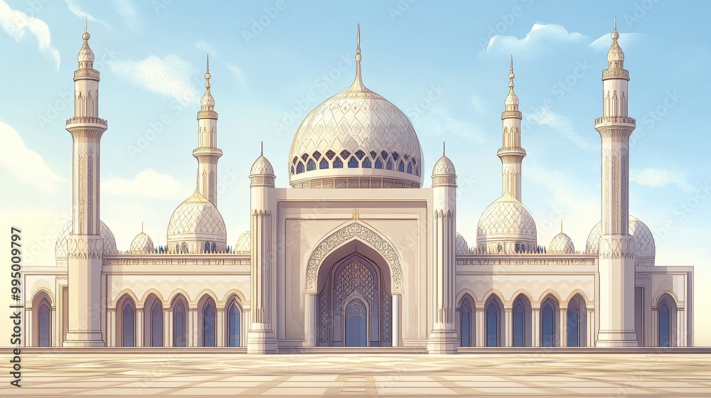 Obraz premium A majestic mosque with intricate details and a grand entrance, symbolizing faith, peace, and architectural beauty.