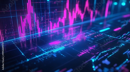 Abstract digital financial graph with vibrant pink and blue lines representing market trends and data analysis.