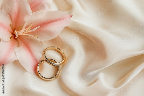 Two gold engagement rings and pink astromeria flower on a beige satin background. Wedding background. generative ai photo