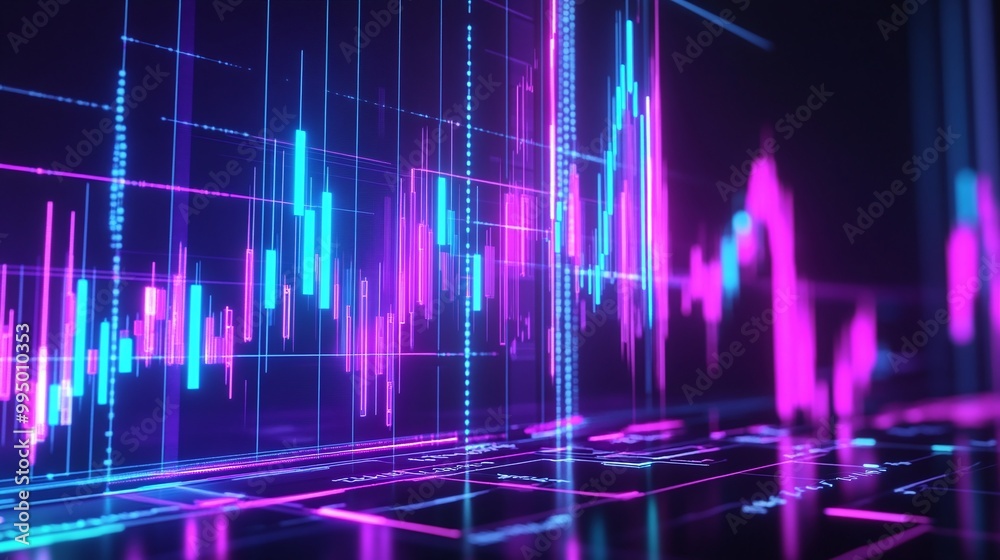Abstract digital financial trading chart with vibrant colors and glowing lines against a dark background. Abstract digital financial trading chart with vibrant colors and glowing lines against a dark background.