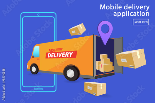 Delivery truck driving out of smartphone screen with open cargo door and location pin. Concept of mobile shipping app, seamless online to offline transport, and real-time cargo tracking visibility.