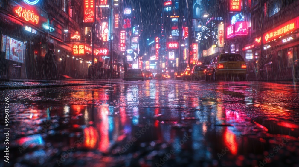 Neon-lit city street at night, reflecting rain-soaked pavement. Neon-lit city street at night, reflecting rain-soaked pavement.