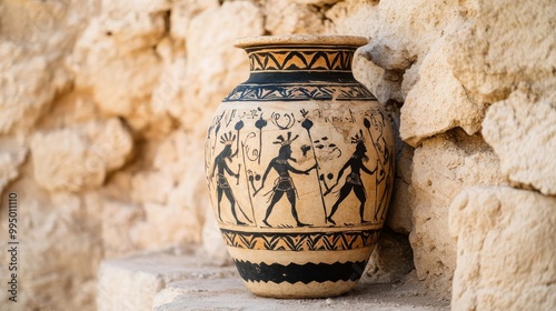 Etruscan ancient jar with charioteer designs, leaning against crumbling stone walls photo