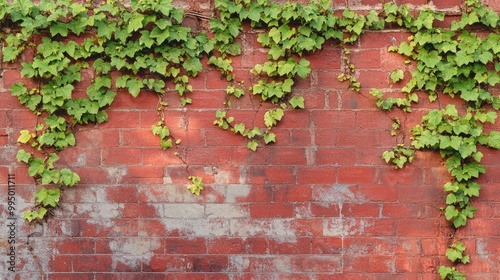 A red brick wall adorned with climbing green ivy, showcasing a beautiful contrast of colors in a natural setting.