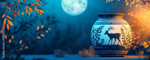 Greek ancient jar with Artemis hunting deer, placed in a forest clearing, moonlight shining
