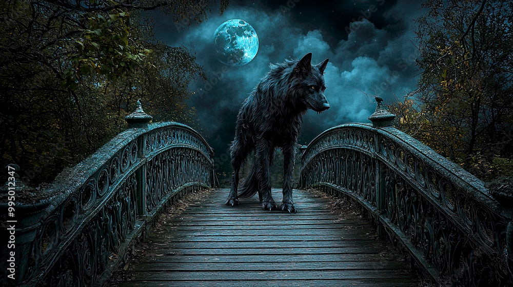 Large black wolf on a bridge at night under a full moon with eerie