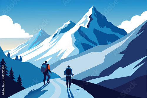 Two hikers trekking through a snowy mountain trail with a view of a snow-capped mountain peak in the background.