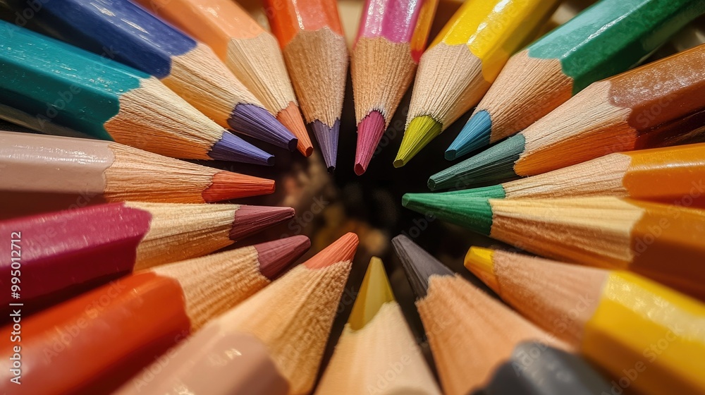 A set of colored pencils arranged in a circular pattern, their sharpened tips pointing inward, forming a rainbow. A set of colored pencils arranged in a circular pattern, their sharpened tips pointing inward, forming a rainbow.