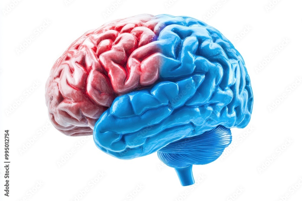 human brain anatomy with frontal lobe in red color isolated on white background human brain anatomy with frontal lobe in red color isolated on white background
