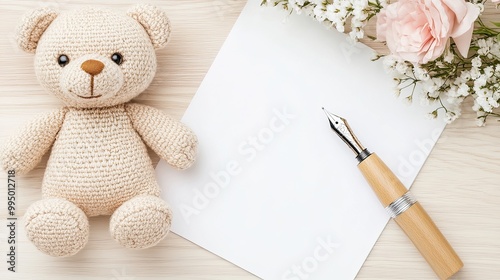 Feminine baby shower desktop invite mockup with teddy bear baby toy, fountain pen, white blank paper, and wooden table. 16:9