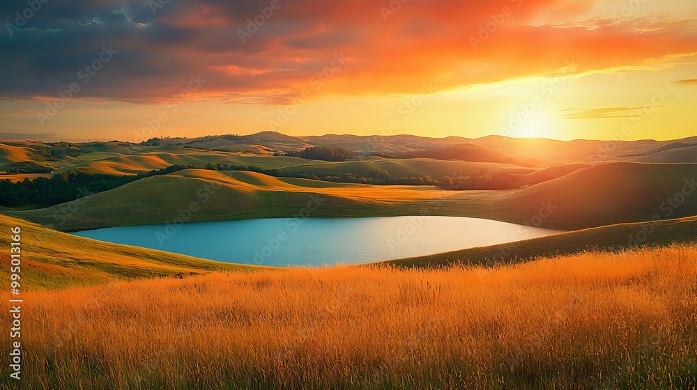 Fototapeta premium A vibrant sunset over rolling hills with golden fields replacing the forest and a shimmering turquoise lake reflecting the fiery orange sky