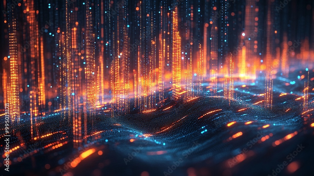 Abstract digital landscape featuring vibrant orange and blue lights, representing data flow and connectivity. Abstract digital landscape featuring vibrant orange and blue lights, representing data flow and connectivity.