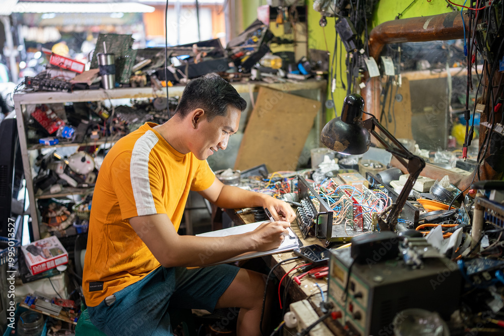 portrait of an Asian electrical repairman sitting writing a list of electronic equipment portrait of an Asian electrical repairman sitting writing a list of electronic equipment