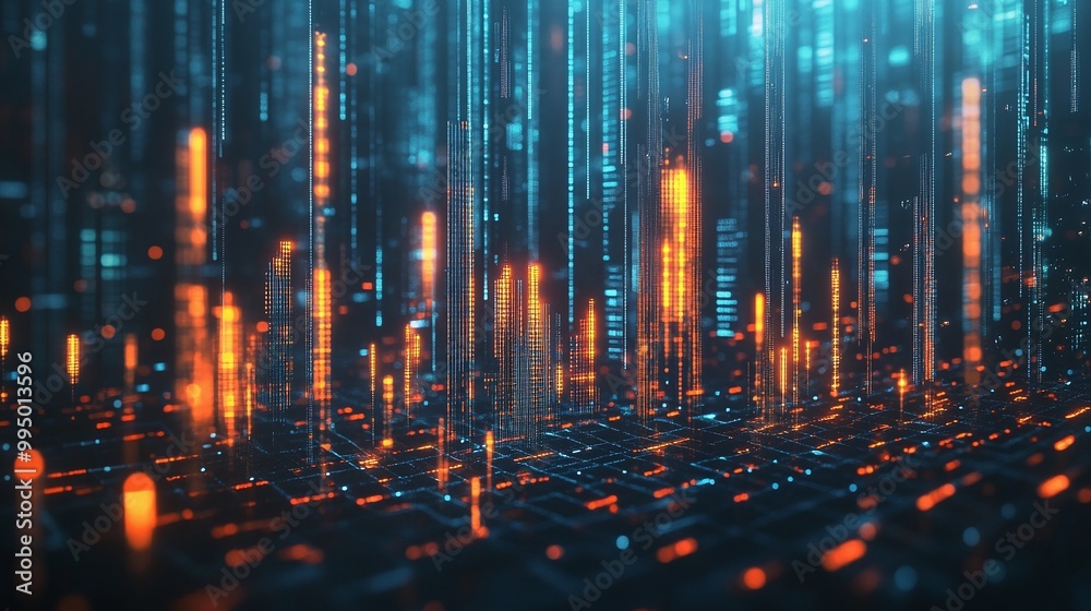 Fototapeta premium Abstract digital landscape with glowing lines and particles, representing data flow and technology.