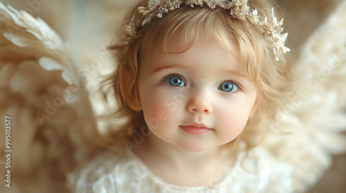 A young girl with blonde hair and blue eyes looks up with an innocent expression, wearing a white dress and a delicate crown.