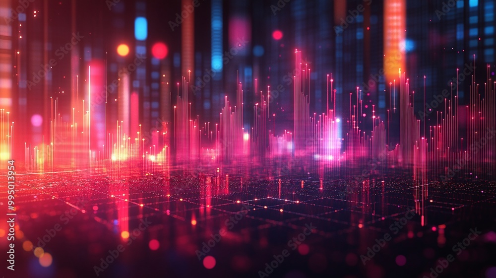 Abstract digital landscape with vibrant lights and data visualizations in a futuristic cityscape. Abstract digital landscape with vibrant lights and data visualizations in a futuristic cityscape.