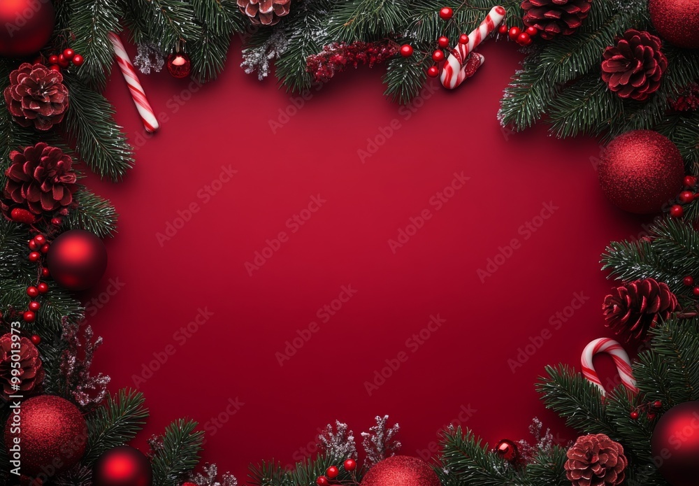 キャンディーケーンで飾られた赤いクリスマスの背景 キャンディーケーンで飾られた赤いクリスマスの背景